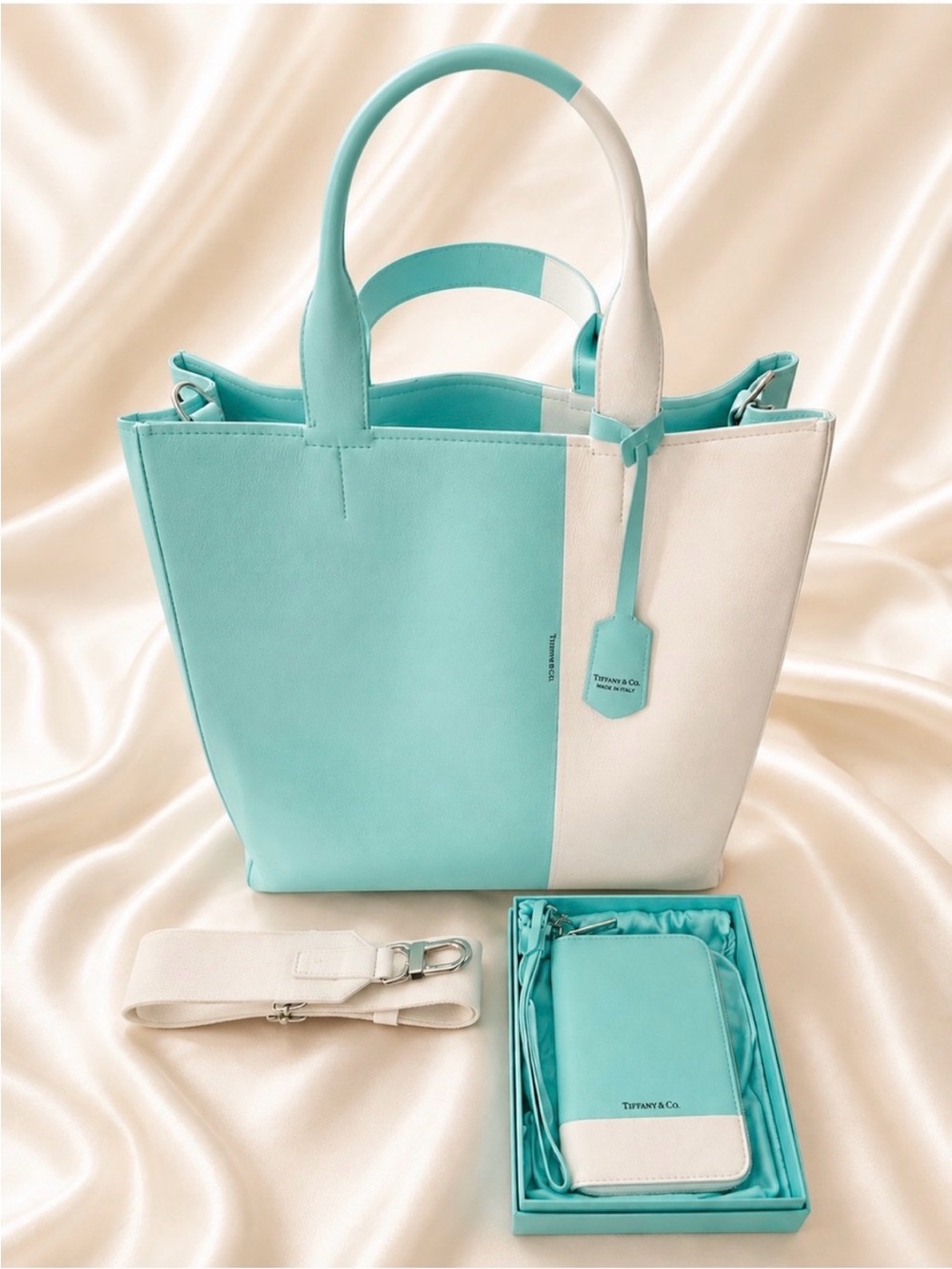 Tiffany & Co. Color Block Tote & Wallet Set in Blue & White. Never been used!